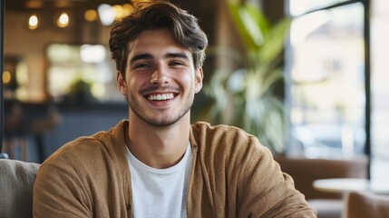 Obraz premium Smiling Man in Cafe: Warm Cardigan 