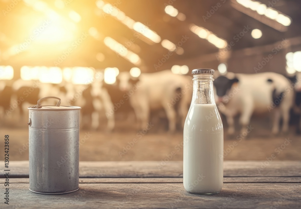 Poster freshly bottled milk in rustic farm setting with cows in background and warm sunlight streaming thro