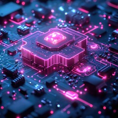 Glowing CPU on Circuit Board, Tech Background, Innovation