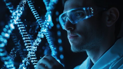A scientist analyzing DNA samples on a holographic interface