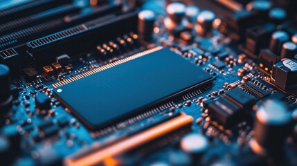 Obraz premium Close-up View of Modern Computer Circuit Board with Microchip and Electronic Components