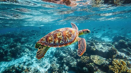 A sea turtle gliding effortlessly through crystal-clear ocean waters, surrounded by colorful coral reefs
