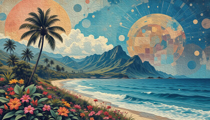 Palm tree .   Oil painting. Pattern for printing on wall decorations, fabrics, for use in graphics.