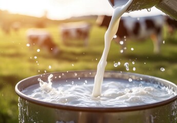 Freshly Collected Milk Being Poured into a Bucket Under the Sunlight with Dairy Cows Grazing in the Background in a Lush Green Farm Setting