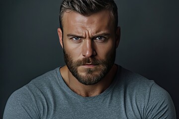 Fototapeta premium A serious male gaze is displayed in a close up portrait