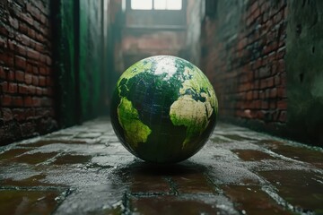 A weathered globe rests on a rain-slicked, brick alley. Illustrates environmental vulnerability and global issues.