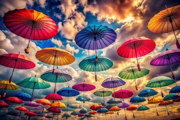 Colorful Parasols Hanging on a Cloudy Day - Double Exposure Stock Photo