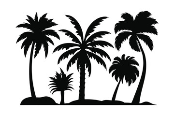 Black palm tree silhouettes set isolated flat vector illustration on white background.