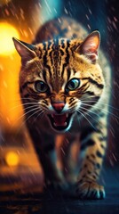 Obraz premium Aggressive Feline Predator in a Rainy Urban Environment