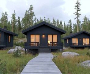 Dark Wooden Cabins on a Lakeside Path at Dusk