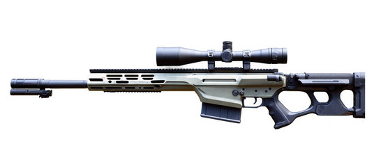 Rifle with scope. Dark color weapon with sight on top. PNG format, transparent, isolated.