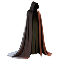 Naklejka premium Dark figure in robe with hood. Mysterious shadowy being in cloak. Glowing lights accent long flowing fabric. Transparent png, isolated.