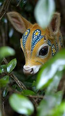 Fototapeta premium Painted fawn hides in jungle foliage
