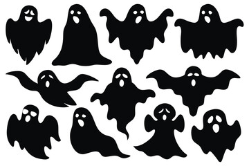 Ghosts silhouettes set isolated flat vector illustration on white background.