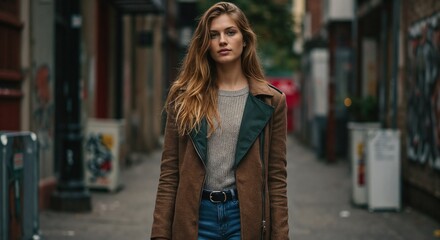 Fototapeta premium Serious Woman Alleyway in Brown and Grey Against Urban Background