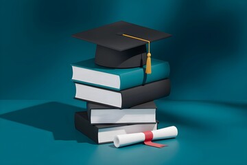 Graduation Ceremony: Books, Cap, and Diploma on Teal Background 