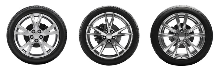 Obraz premium A Set of Modern Car Wheels with High-Resolution Detail for Automotive Design Isolated on Transparent Background
