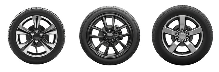 A Set of High-Quality Car Wheels with Realistic Tire Texture for Vehicle Design Isolated on Transparent Background