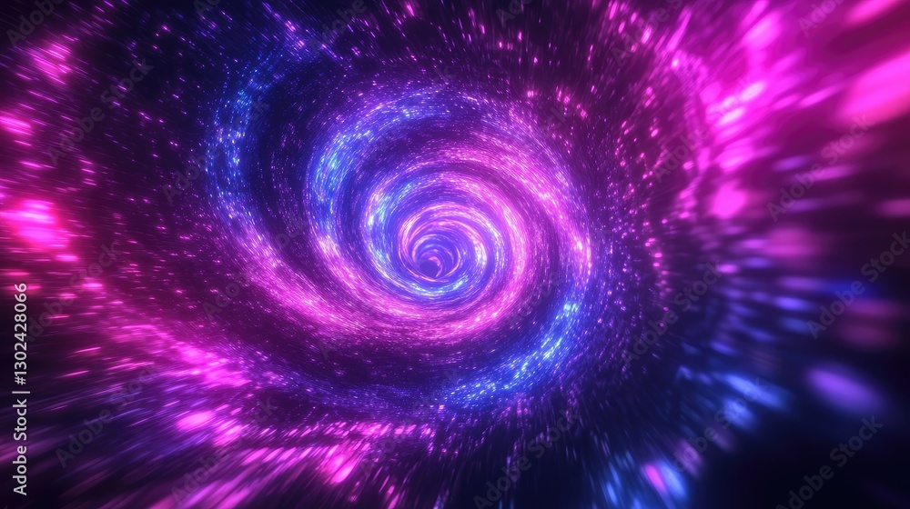 Poster d animated particles moving in a vortex pattern, glowing with vibrant colors, leaving space around t