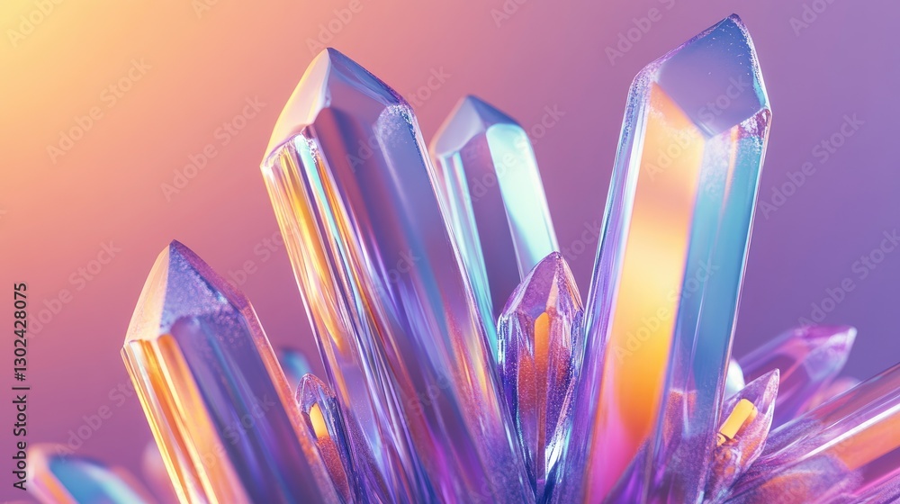 Poster d crystalline shapes shimmering with light, rotating smoothly with a clean background and ample copy