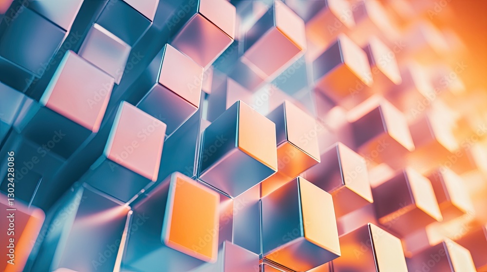 Poster d cubes stacking in a continuous motion, glowing softly with light reflections, leaving space for cr