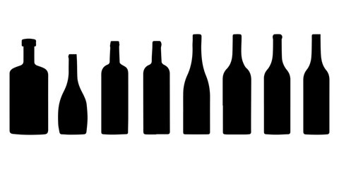 Set of bottles with alcohol. Black silhouette of a vessel for various types of drinks. Black illustration on transparent background