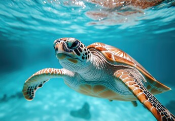 Graceful sea turtle swimming effortlessly in clear turquoise water, showcasing stunning patterns and vibrant colors in a serene underwater environment