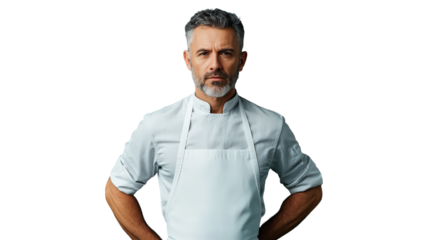 A confident male chef stands with arms crossed, wearing a light-colored chef's jacket, showcasing professionalism and culinary expertise.