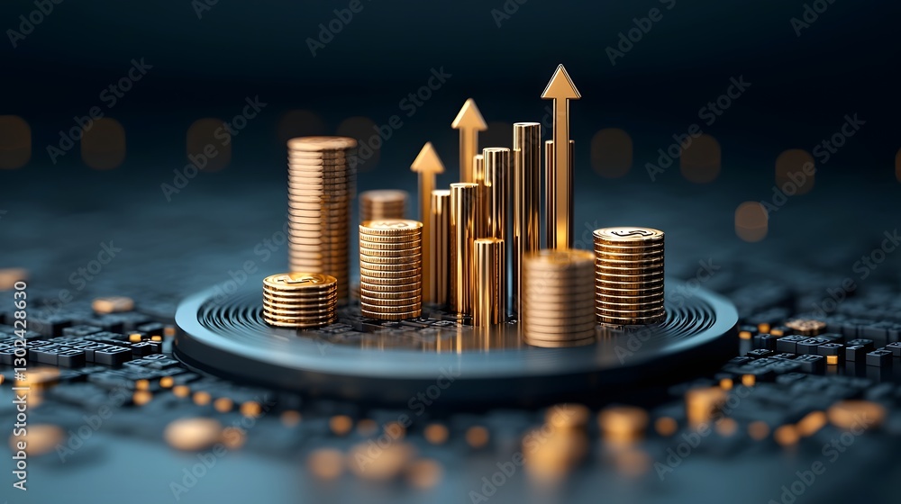 Leinwandbilder sleek financial visualization with floating golden arrows and stacked coins on futuristic 3d bar cha