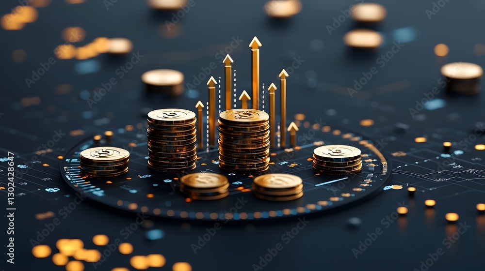 Leinwandbilder Cutting edge Circular Financial Platform with Floating Glowing Arrows Pointing Upward Gold 3D Bar Charts and Stacks of Golden Coins