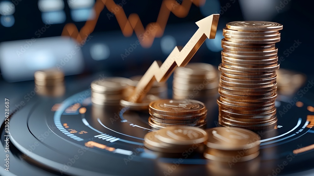 Fototapete Futuristic financial visualization showcasing floating golden arrows pointing upward neatly stacked gold coins and a sleek 3D bar chart  All elements are displayed on a high tech circular base