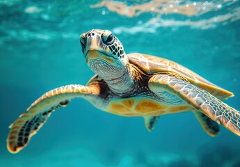 Fototapeta premium Graceful Sea Turtle Swimming Underwater in Crystal Clear Ocean Water Surrounded by Stunning Marine Life and Bright Sunlight