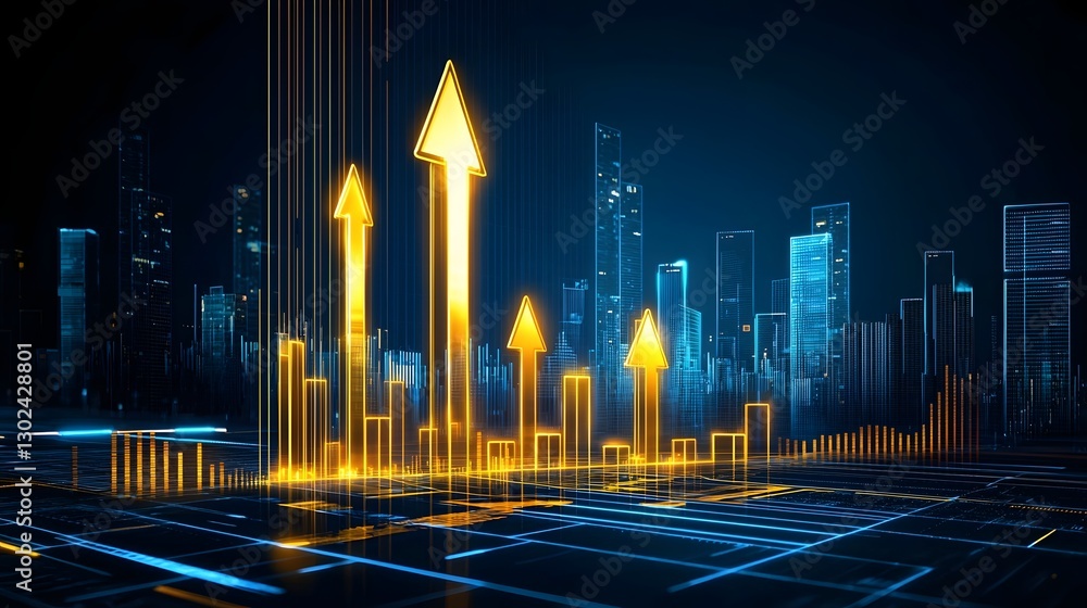 Aufkleber A futuristic financial analytics interface featuring glowing arrows 3D digital charts and wealth growth indicators