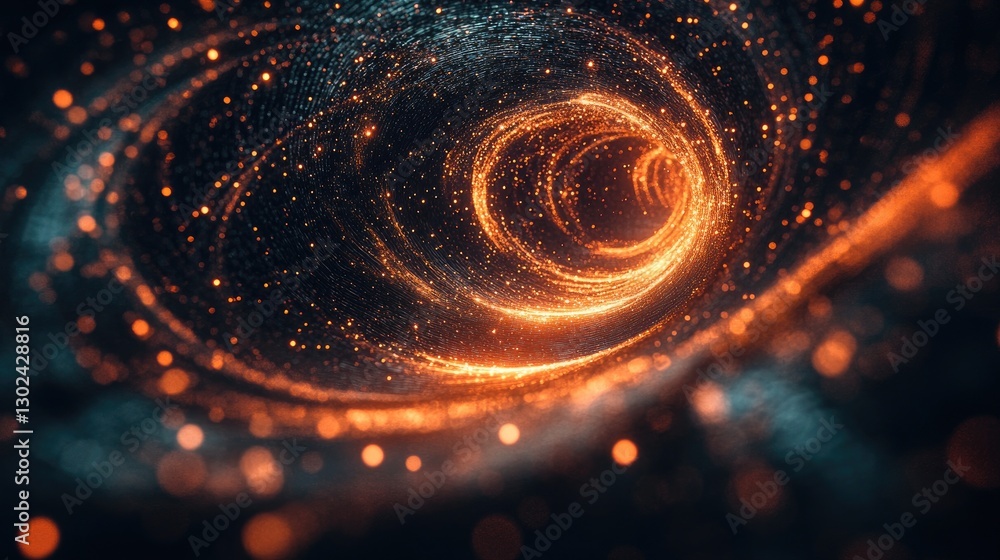 Poster d particles emitting from the center and forming a swirling vortex, glowing with soft light, creatin