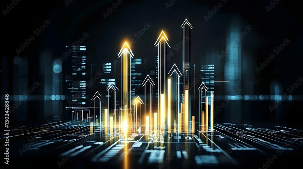 Poster Sleek Futuristic Financial Visualization with Levitating Glowing Arrows 3D Bar Charts and an Intelligent Technology Driven Platform Representing Market Performance Wealth Growth