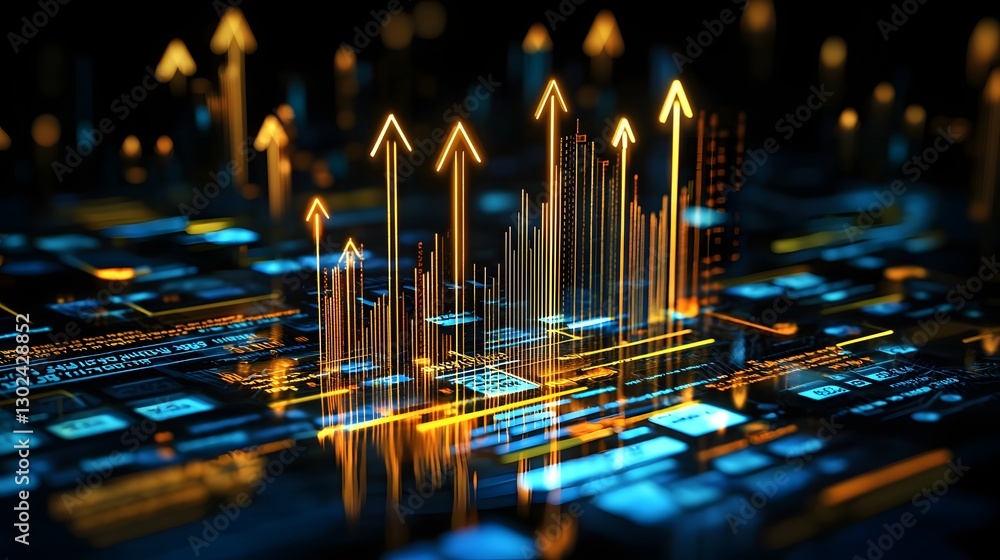 Poster Sleek and modern digital finance concept featuring floating luminous arrows interactive 3D business charts and a high tech investment platform