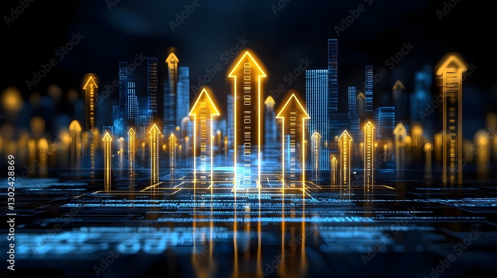 Poster Innovative financial market analytics interface showcasing glowing upward arrows real time 3D digital data visualizations and a cutting edge business intelligence platform