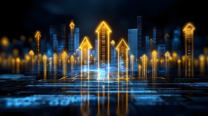 Innovative financial market analytics interface showcasing glowing upward arrows real time 3D digital data visualizations and a cutting edge business intelligence platform