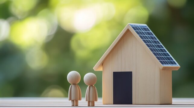 Wooden family figures stand in front of a model house with solar panels on the roof, this concept represents eco-friendly real estate, energy saving and sustainable living