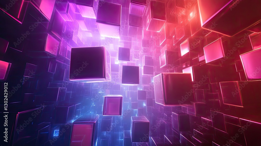 Poster abstract d grid of floating cubes shifting positions, glowing softly in various colors, with ample s