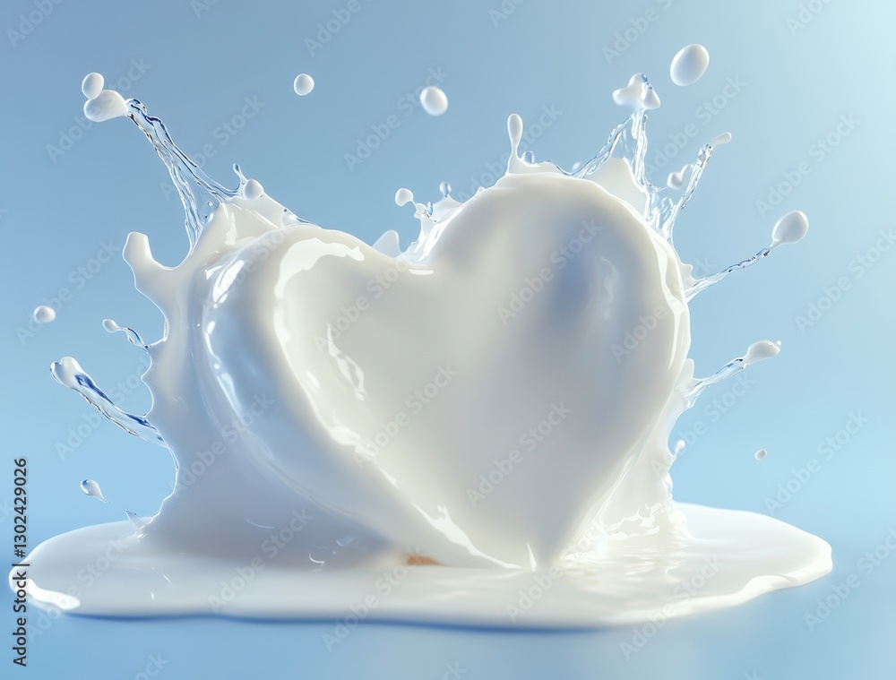 Poster heart-shaped splash of milk creating a captivating visual effect against a soft blue background with
