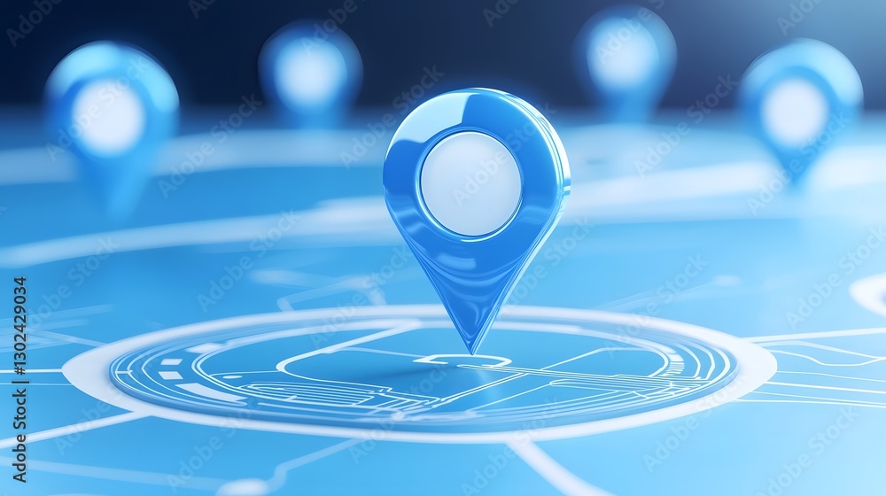 Poster Advanced Digital Navigation and Travel Design Featuring Bold Blue Location Pin Icon on 3D Rendered Route Map   Showcasing Destination Tracking GPS Positioning