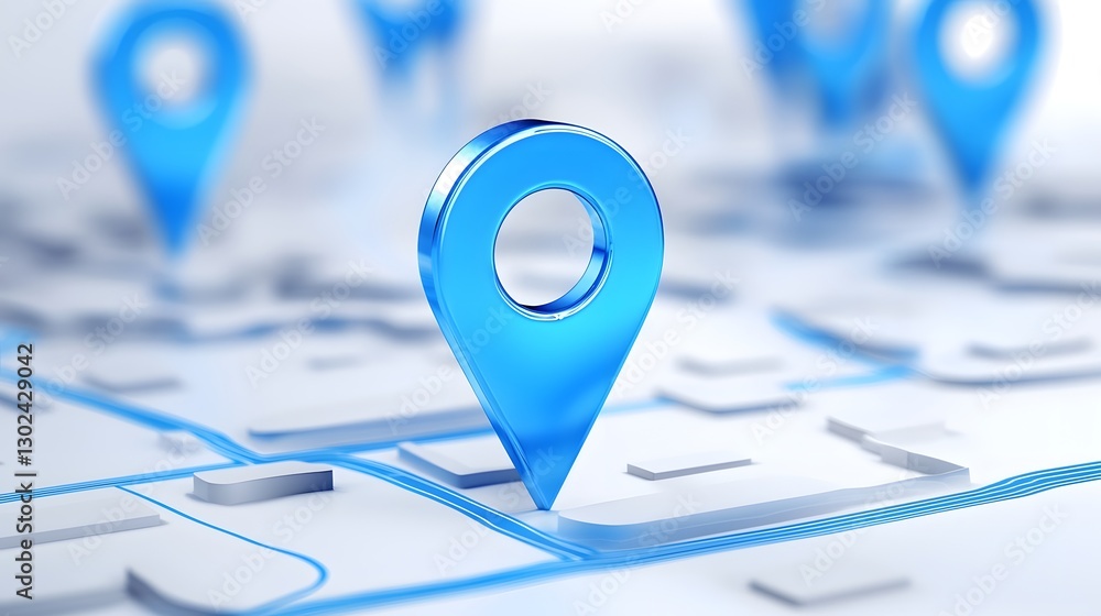 Poster Innovative 3D Rendered Navigation System with Bold Blue Location Pin Icon on Route Map for Destination Tracking GPS Positioning and Direction Pointers
