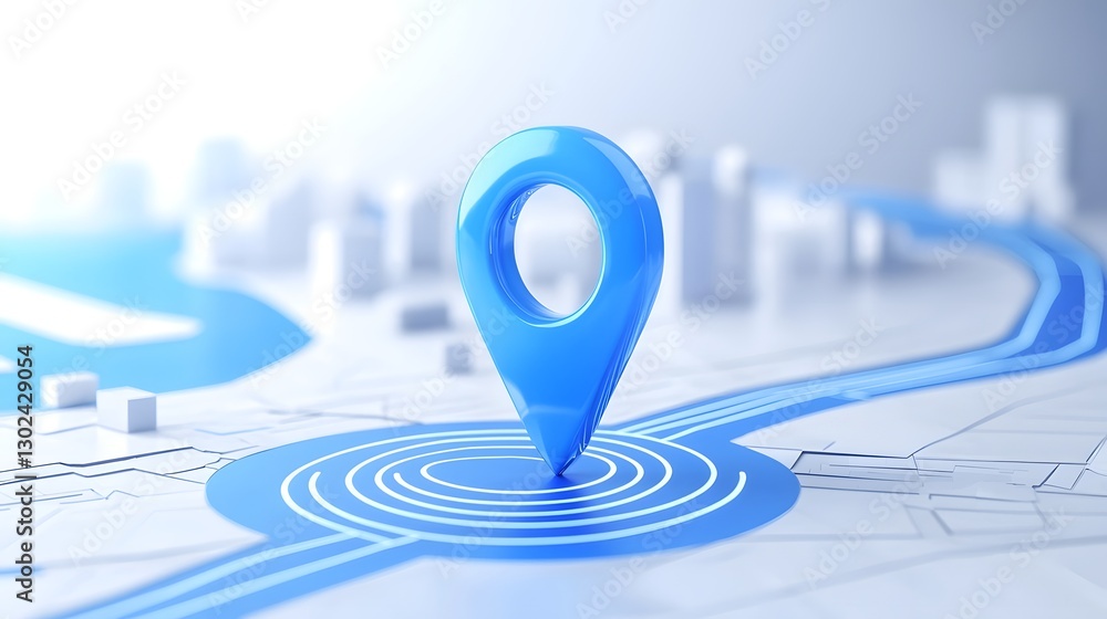 Poster Futuristic 3D digital navigation interface with dynamic route planner blue location pin and sleek road design to enhance travel direction positioning and destination accuracy