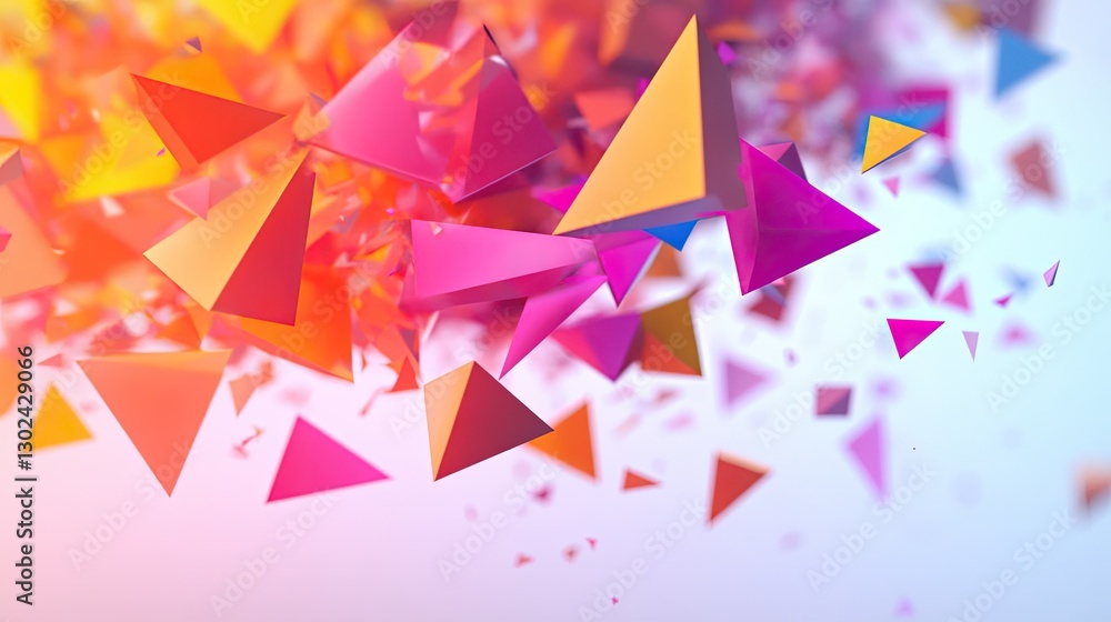 Poster abstract floating d polygons in motion, changing colors as they twist and turn, leaving space for de