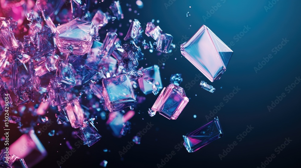Poster abstract floating d polygons in motion, changing colors as they twist and turn, leaving space for de