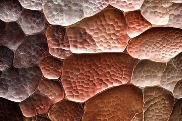 Close-up of hammered copper texture, various shades of brown and bronze. Perfect for backgrounds, design projects needing a metallic feel.