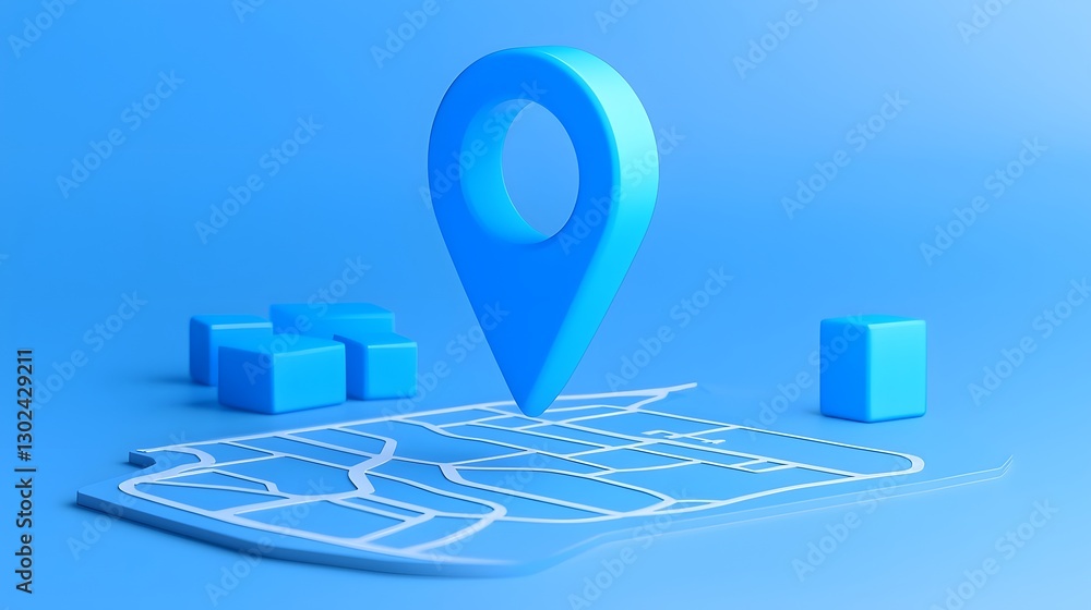 Poster Futuristic blue GPS navigation marker symbol floating on a high tech digital map interface designed with sleek lighting effects and a modern minimalist style