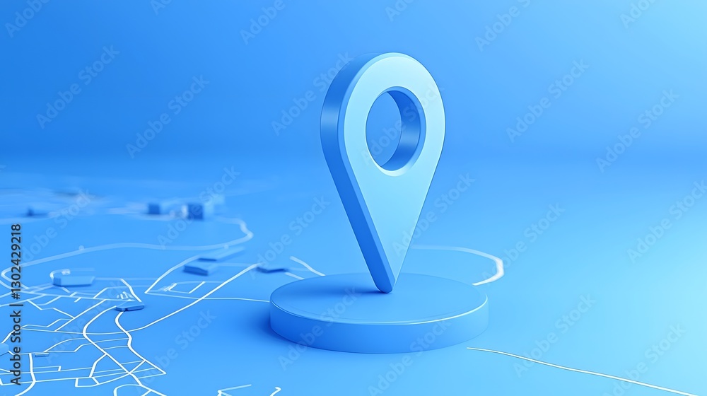 Poster Vibrant 3D Location Pin Hovering on a Futuristic Blue Toned Map Interface Symbolizing Search Navigation and Directional Guidance