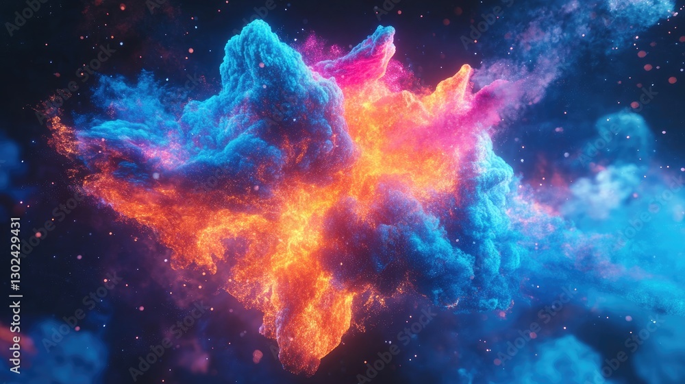 Poster a d abstract shape with fluid curves, glowing in neon colors, creating motion with space around for 